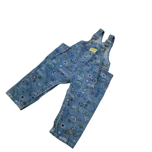 Vintage Oshkosh B'Gosh Overalls Blue Denim Car Truck Print Toddler 1990’s Sz 18M - Picture 4 of 15
